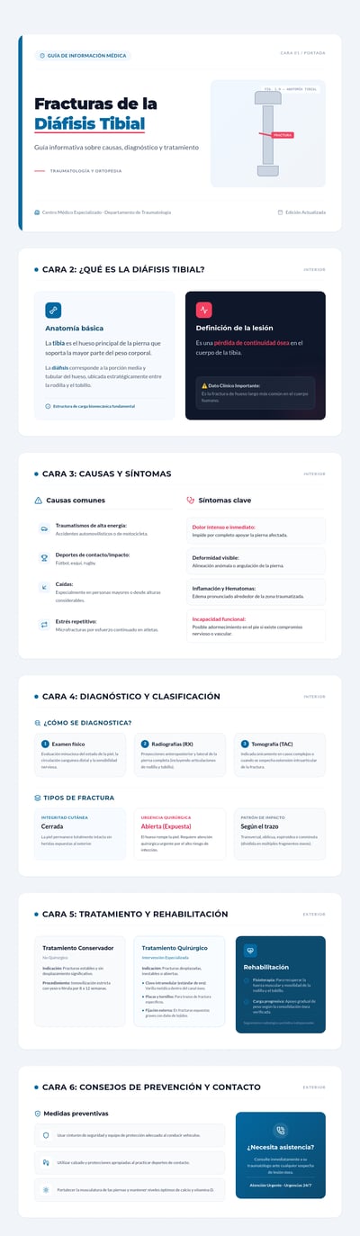 Guía médica en español sobre fracturas de la diáfisis tibial en seis paneles