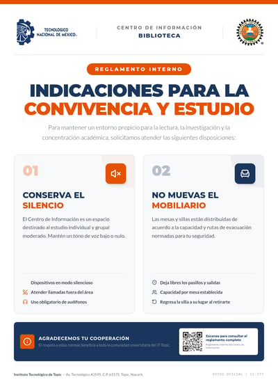 Spanish library rules poster with two numbered guidance cards and a QR code