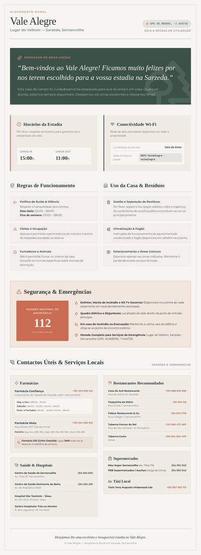 Portuguese Vale Alegre guest handbook with house rules, emergency card, and local contacts