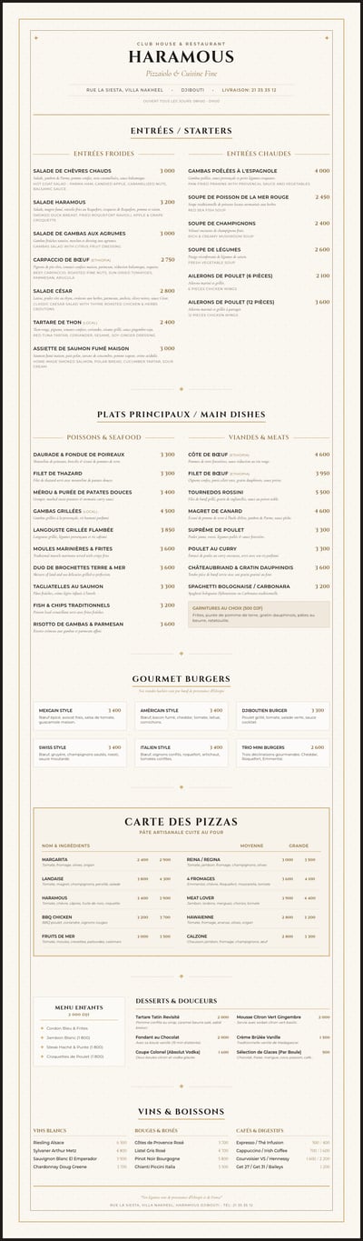 Tall French-English Haramous menu with gold rules, food sections, pizza prices, and drinks