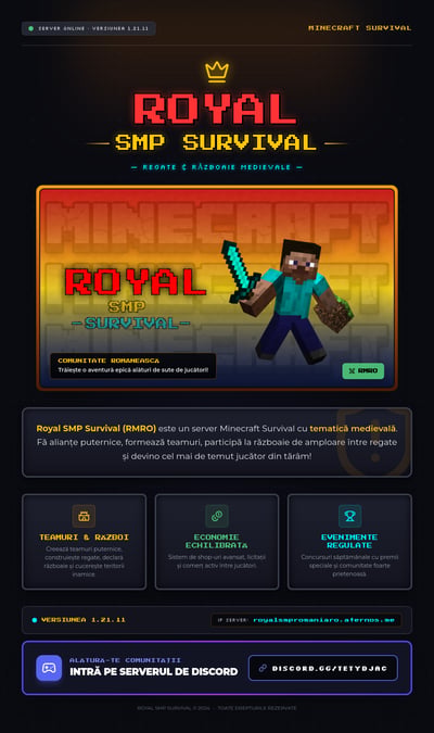 Royal SMP Survival page with a Minecraft banner, pixel headings, feature cards, and Discord panel