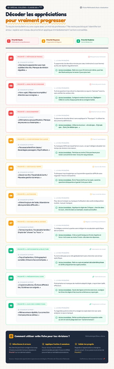 French infographic ranking ten study problems with teacher feedback and practical actions