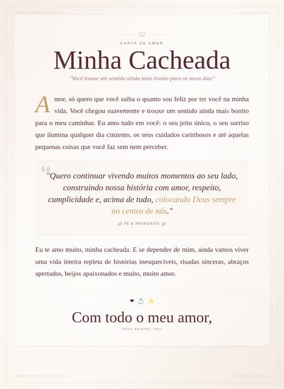 Portuguese love letter titled Minha Cacheada with burgundy text, blush borders, and gold details