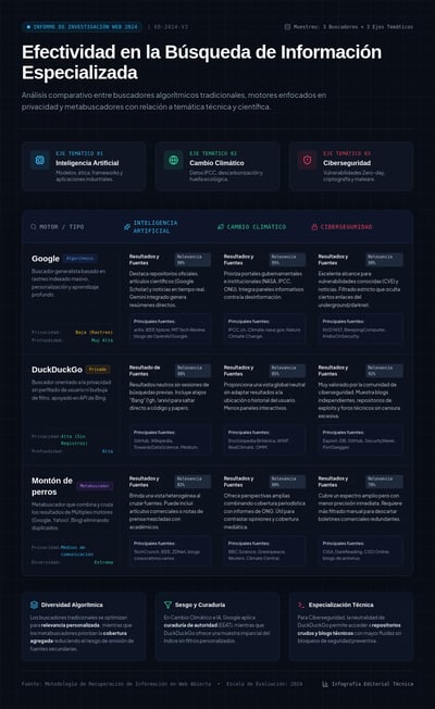 Spanish infographic comparing three search tools across AI, climate change, and cybersecurity