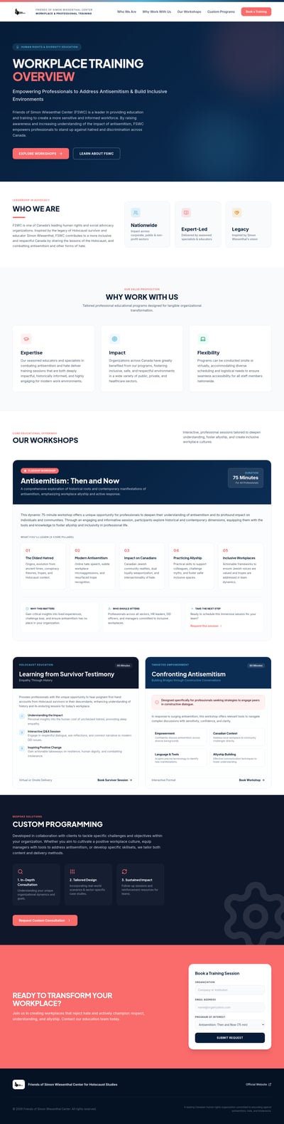 FSWC workplace training website with antisemitism workshops, survivor testimony, and allyship programs