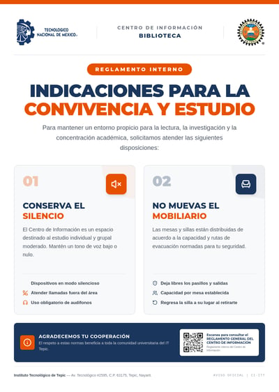 Spanish library rules poster with two numbered guidance cards and a QR code