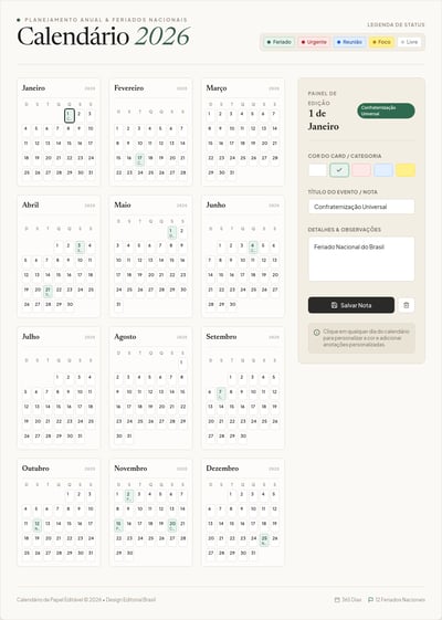 Editable Portuguese 2026 calendar with green holidays and a side note editor