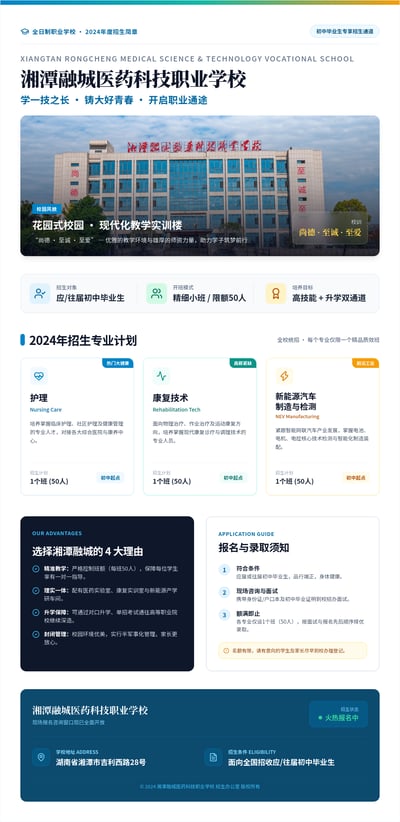 Chinese vocational admissions poster for nursing, rehabilitation, and new-energy vehicle programs