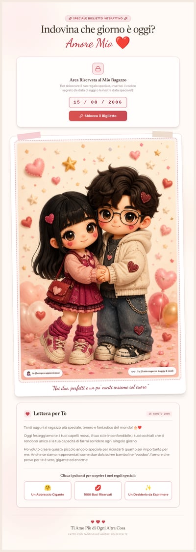 Interactive Italian romantic birthday card with cartoon couple portraits and playful pages