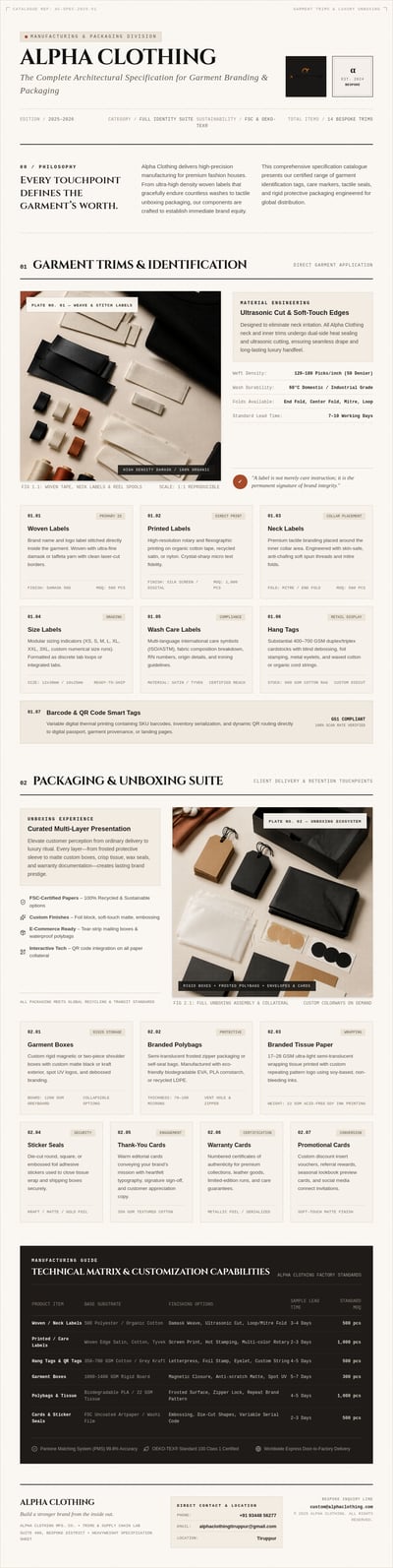 Alpha Clothing catalog of garment labels, hang tags, packaging, boxes, QR tags, and cards