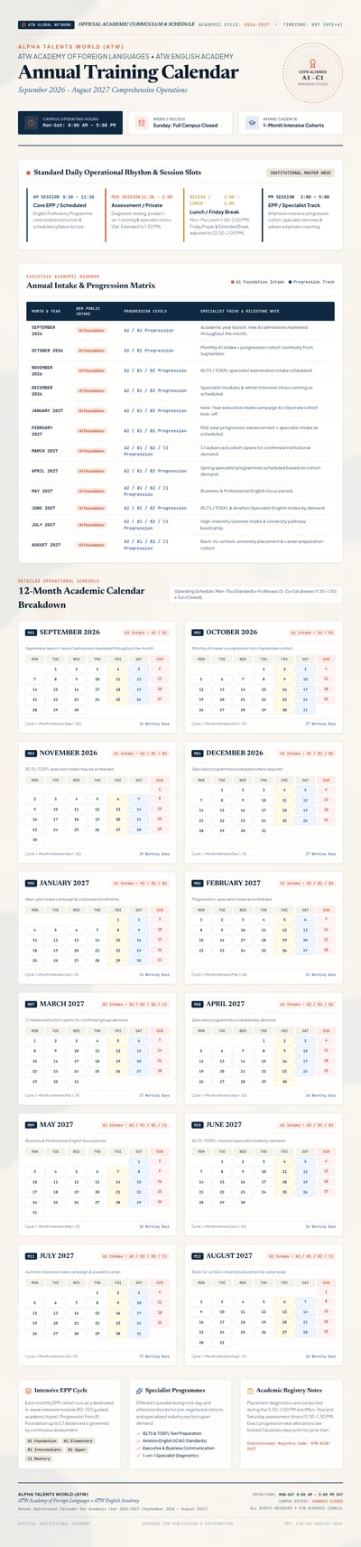 ATW Academy 2026–2027 annual training calendar with language intakes, hours, breaks, and closures