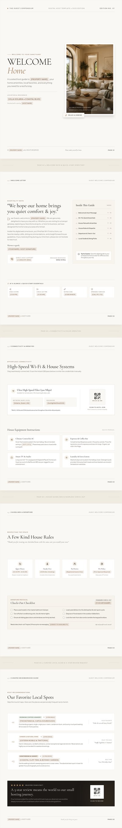 Premium Airbnb host welcome book with check-in, house rules, local guide, and safety pages