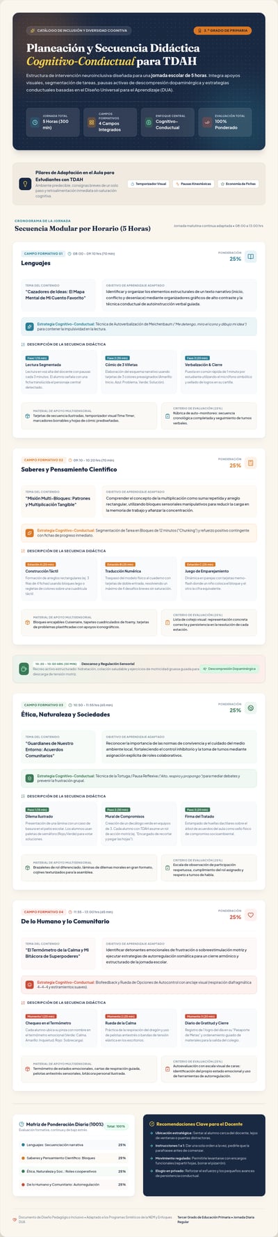 Spanish ADHD-inclusive classroom planner with activities, objectives, materials, timing, and assessment