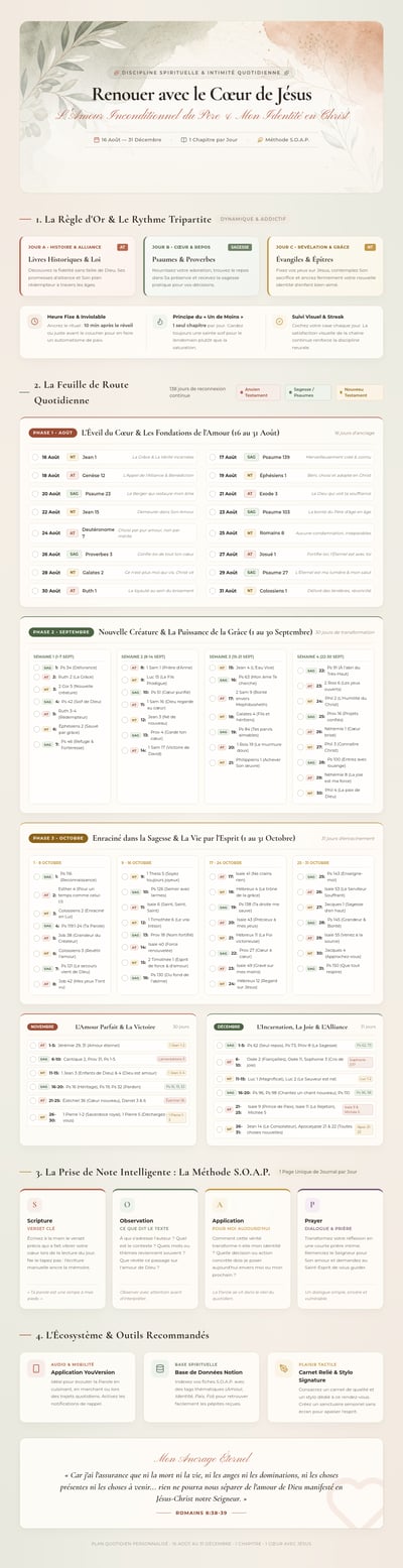 French Bible reading plan with daily checkboxes and a SOAP Scripture journal page