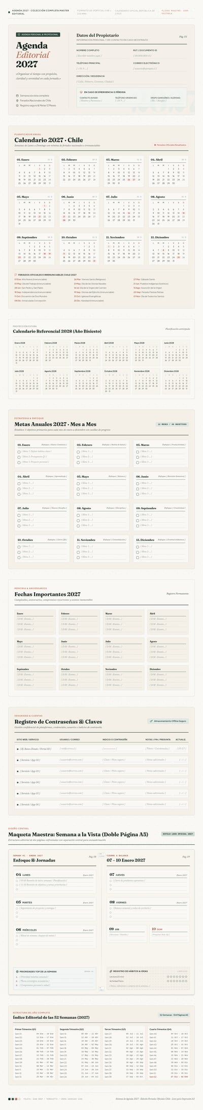Spanish 2027 agenda with weekly spreads, calendars, password page, and monthly goals