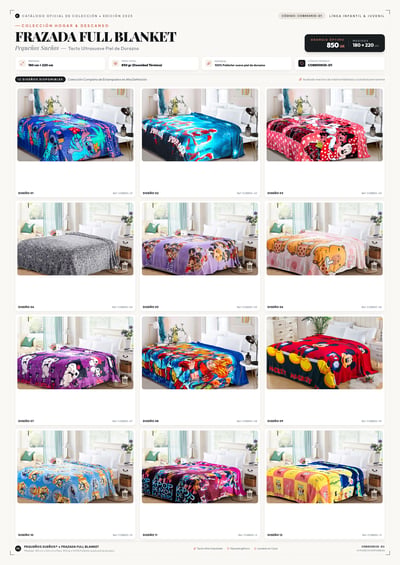 A0 Spanish blanket catalog with twelve product photos and Pequeños Sueños specifications
