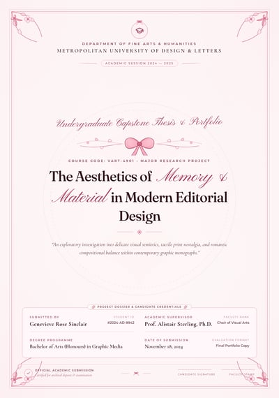 Pink and white university project cover with flowers, bows, and a clear title area