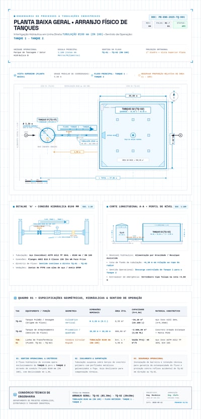 Portuguese two-tank plan with 3.30 m circular tank, 30 by 30 m square tank, and 100 mm pipe