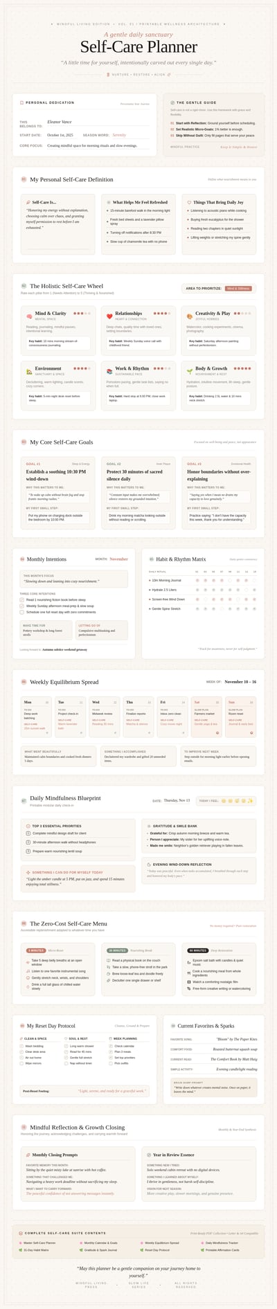Cream self-care planner with goal cards, habit tracker, weekly plan and reflection panels in terracotta and sage