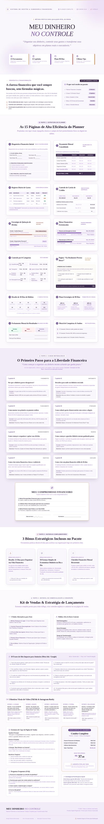 Portuguese financial planner with budget, debt, savings, goals, and 90-day plan pages