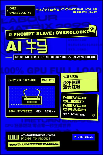 Chinese AI牛马 poster with blurred typography, neon shapes, and layered 3D depth