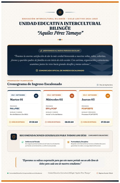 Póster escolar en español con tres tarjetas de ingreso escalonado y recomendaciones de uniforme y puntualidad