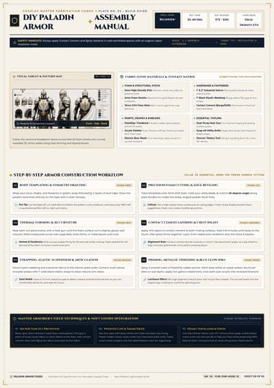 Cream and navy paladin armor assembly sheet with costume reference views, materials and six numbered build stages