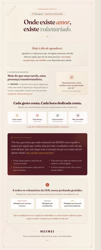 Cartaz MEIMEI do Dia do Voluntariado com fundo creme, títulos bordô, citações e mensagens de agradecimento