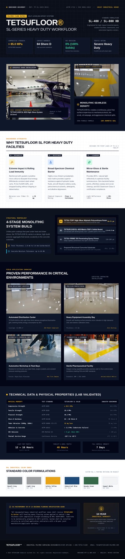 TETSUFLOOR flooring brochure with navy panels, yellow labels, installation photos, layer diagram and color swatches