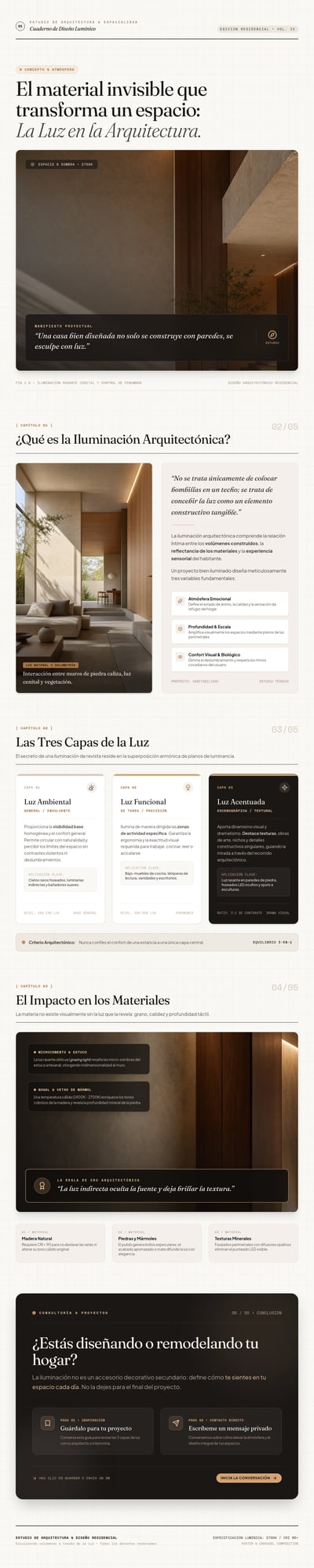 Carrusel en español sobre iluminación residencial con interiores cálidos, capas de luz y materiales arquitectónicos