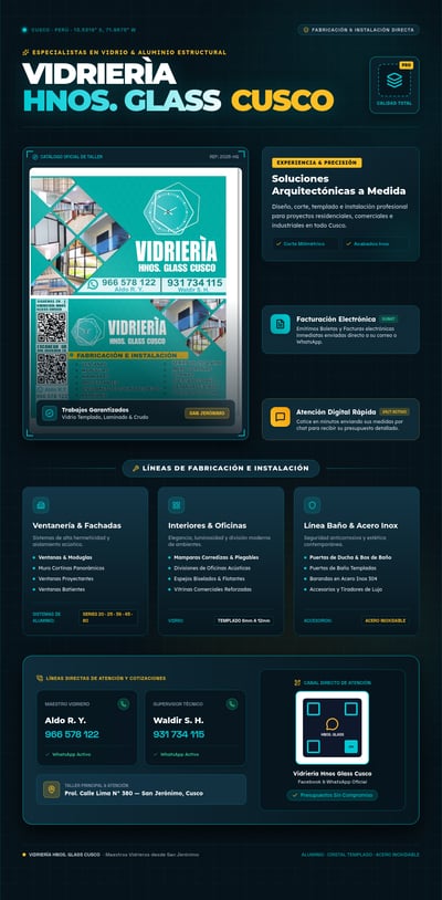 Landing page de Vidriería Hnos. Glass Cusco con catálogo, tarjetas de vidrio y aluminio, cotización y contacto