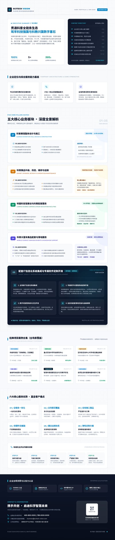 蓝白网格科普工程企业能力宣传册，含服务卡片、项目案例、合作流程和联系模块