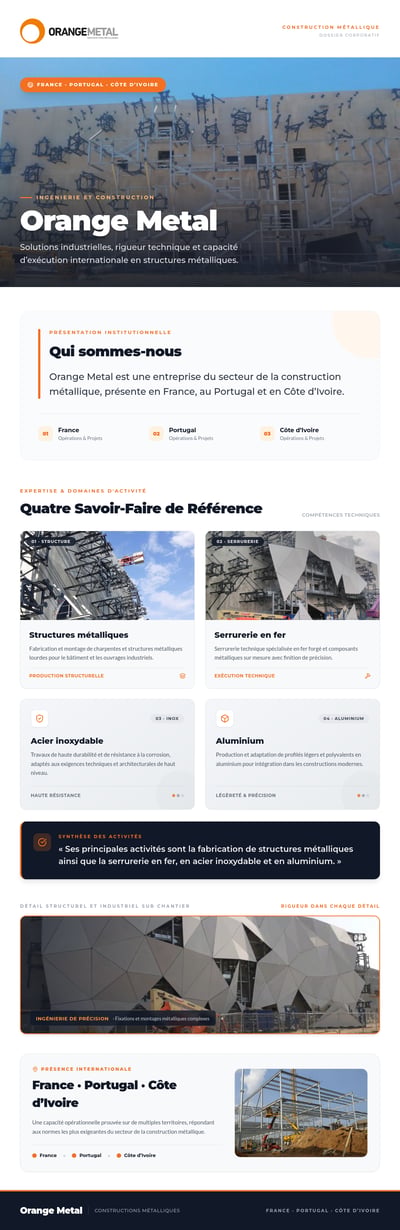 Brochure française Orange Metal avec photos de chantier, cartes de services et palette orange, blanche et bleu marine