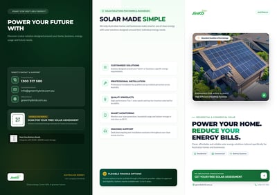 Australian solar brochure outside spread with rooftop panels, green contact card, benefit list, finance note and assessment CTA