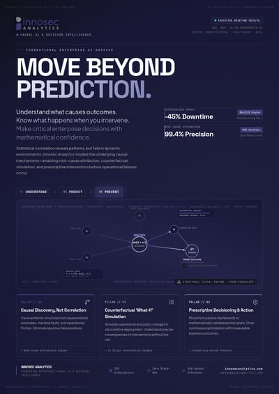 Dark navy causal analytics briefing cover with oversized title, metric cards, central causal graph and strategy pillars