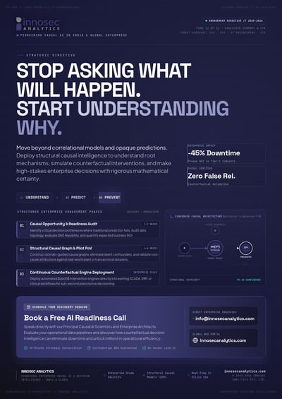 Dark indigo causal analytics executive page with engagement phases, structural graph, metrics and consultation CTA