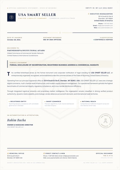 USA SMART SELLER navy and gold corporate letterhead with emblem, contact block, document fields, signature and seal