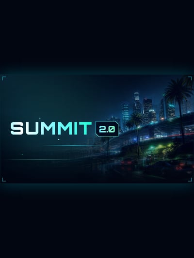 SUMMIT 2.0 neon banner over a wet night city highway with cyan towers, palms, reflections and dark blue space