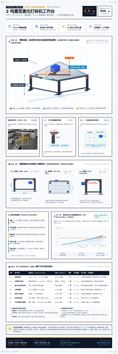 激光打标机工作台结构概念图，含槽钢腿、桌面加劲网格、边缘滑轨、三视图和物料表