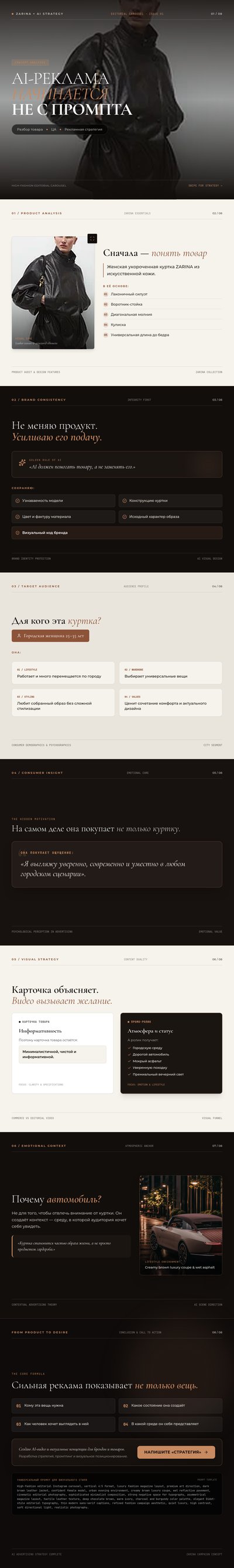 Карусель на русском о рекламе чёрной куртки с вечерним автомобилем, мокрой улицей и тёмными текстовыми блоками