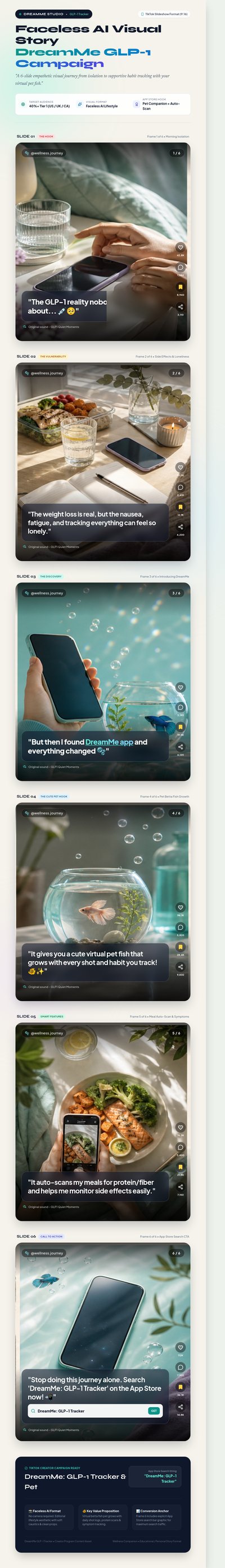 Six-slide DreamMe GLP-1 Tracker TikTok campaign with faceless lifestyle scenes, meal logging, betta fish and aqua captions