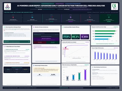 Landscape biomedical literature-review poster showing blood-to-cfDNA workflow, multi-omics analysis, AI fusion and diagnostic charts