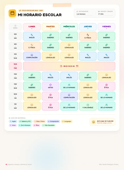 Horario escolar en español de lunes a viernes con materias pastel, horas, recreo destacado y leyenda