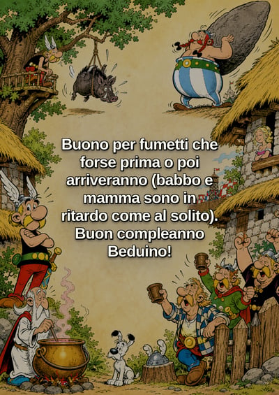 Biglietto di compleanno con testo italiano bianco su una scena di villaggio a fumetti color pergamena