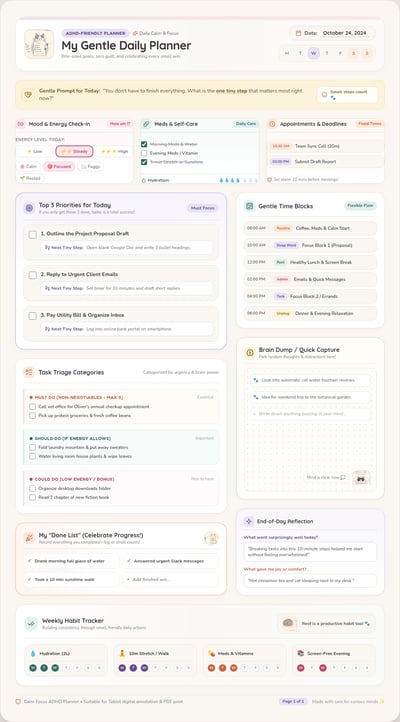 Pastel cat daily planner with priority cards, time blocks, task categories, check-ins, notes and a done list