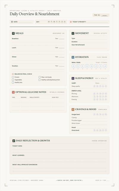 Daily wellness journal with sections for meals, hydration, movement, sleep, mood, optional glucose notes, and reflection