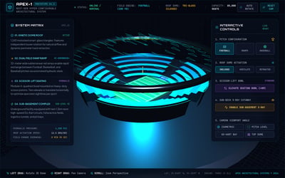 3D football stadium dome concept with cyan roof segments, green pitch and dark specification and control panels