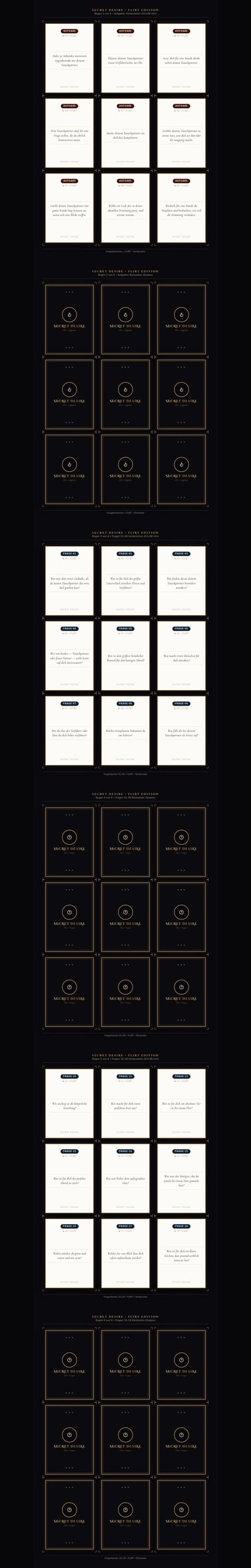 Six front-and-back print sheets for a German flirt deck with cream task and question cards and matching black-and-gold backs