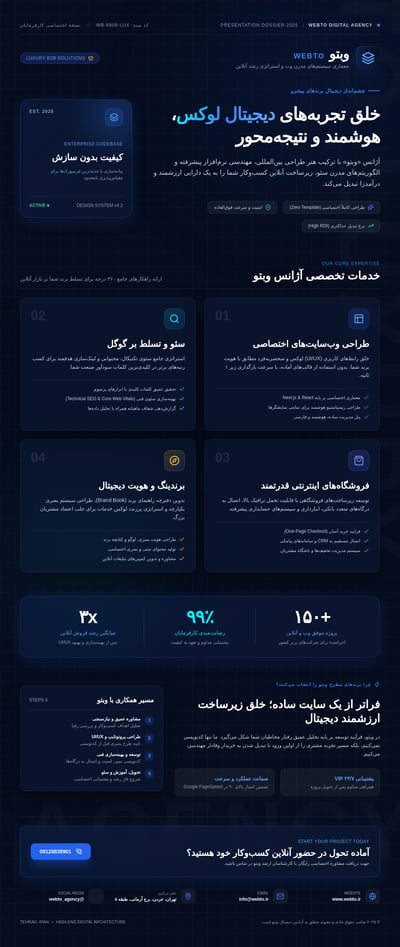 Persian digital agency landing page with right-to-left headings, navy grid and blue service cards