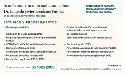 Tarjeta de neurología en español con servicios en dos columnas, cerebro de fondo y número de WhatsApp destacado